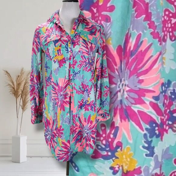 Lilly Pulitzer Captiva Trippin and Sippin Sea Horses Tunic Size XS Blue Pink Top - Picture 1 of 13